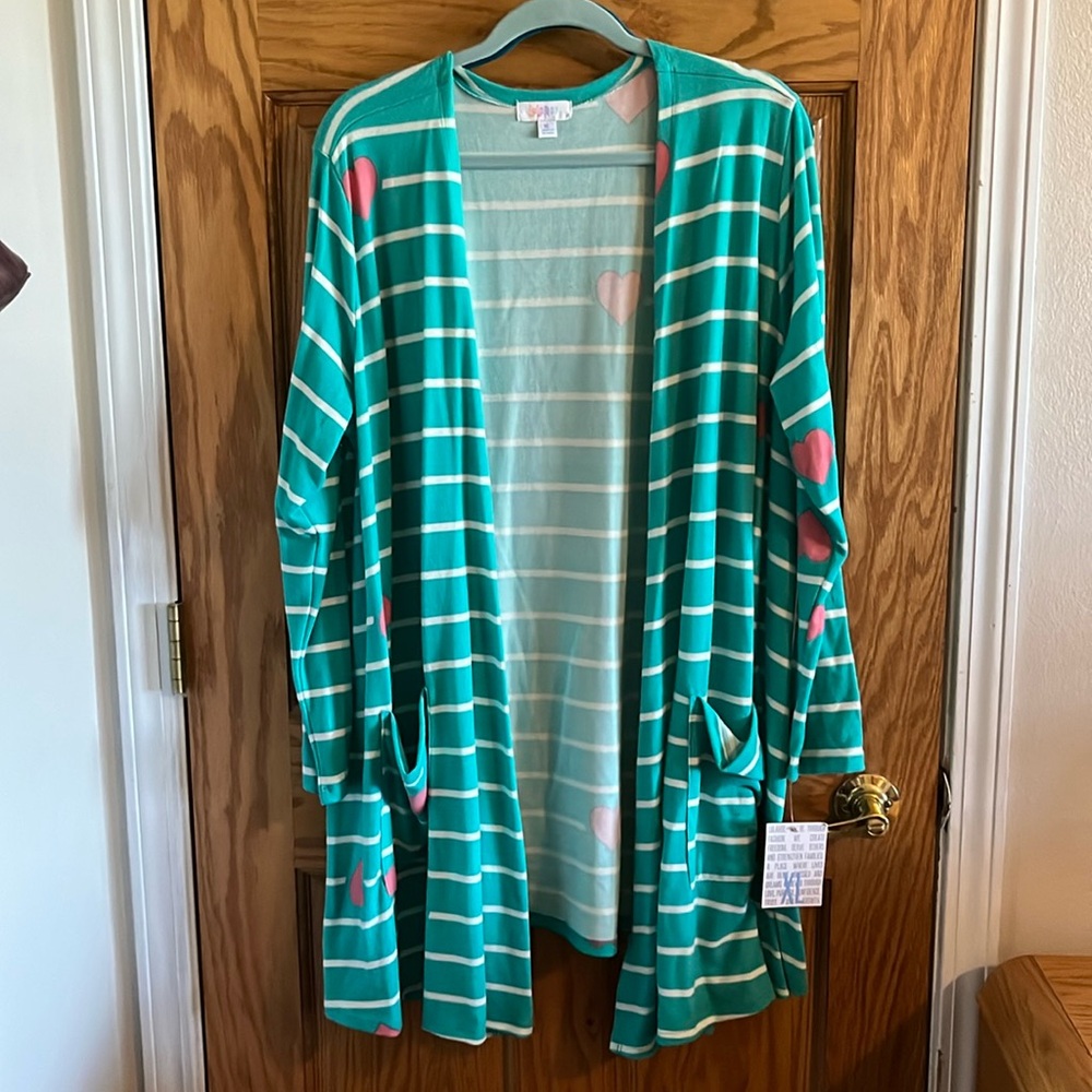 NWT Lularoe Caroline XL cardigan teal stripe with hearts